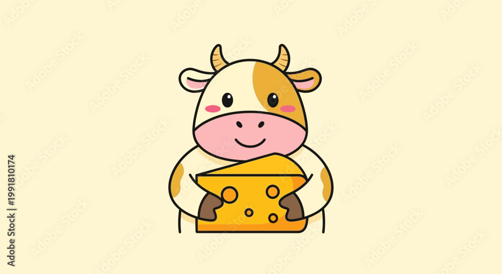 Obraz premium A smiling cow holds cheese outdoors in a cartoon scene happily.