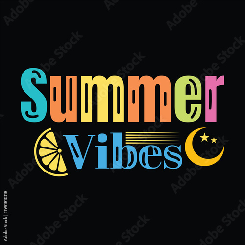 Summer Vibes Colorful Retro Typography Design with Lemon Slice and Crescent Moon Icons on Black Background
