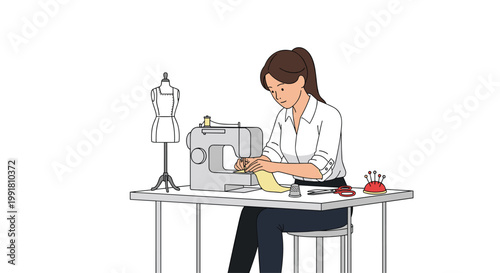 A professional female tailor works meticulously at a modern grey sewing machine while constructing a garment in a bright and minimalist fashion design studio.