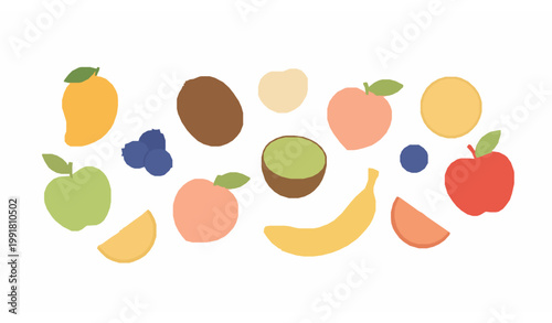 Playful flat fruit icons collection with organic arrangement in colorful simple vector style