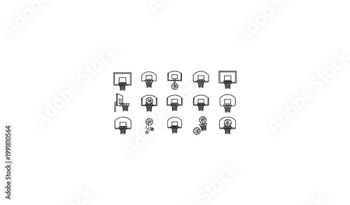 Minimalist basketball hoop and ball icon set with clean line vector symbols isolated on white