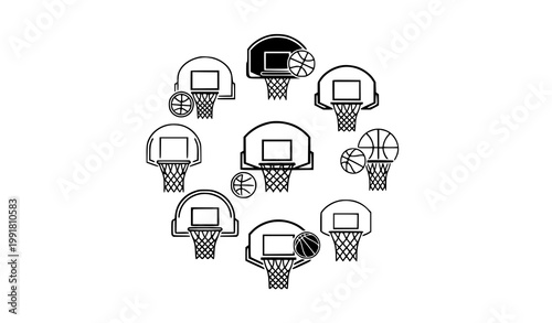 Minimalist basketball hoop and ball icon badge set with modern outline vector design
