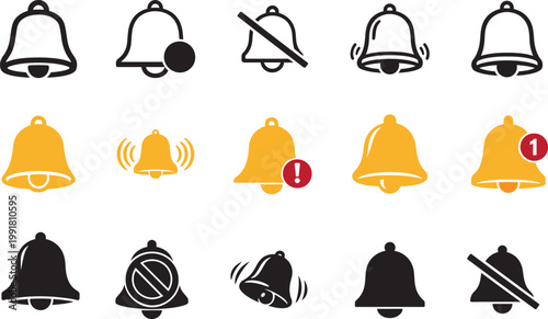 Notification bell icon set in multiple styles for messaging apps, alerts and reminder interface use.