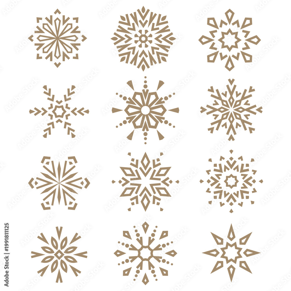 Fototapeta premium Snowflakes vector icon collection. Graphic modern beige and white ornament