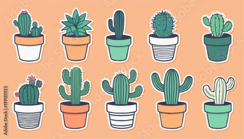 Set of cartoon cactus vector in pot, sticker with outline element.



