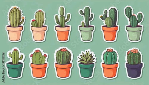 Set of cartoon cactus vector in pot, sticker with outline element.



