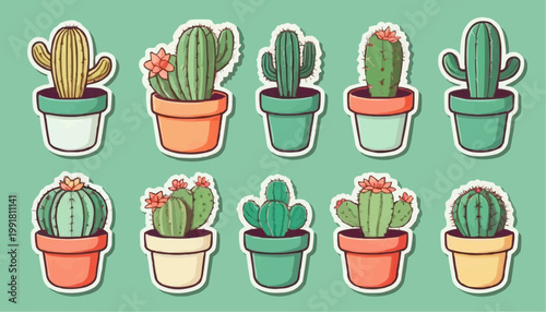 Set of cartoon cactus vector in pot, sticker with outline element.



