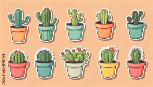 Set of cartoon cactus vector in pot, sticker with outline element.



