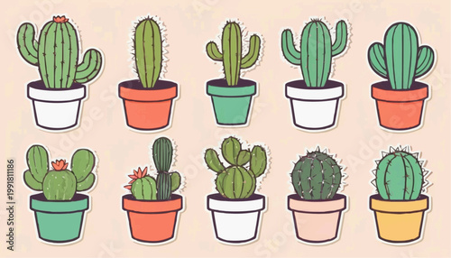 Set of cartoon cactus vector in pot, sticker with outline element.



