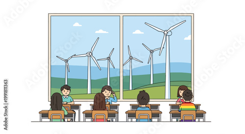 Children in a classroom looking at wind turbines through a window