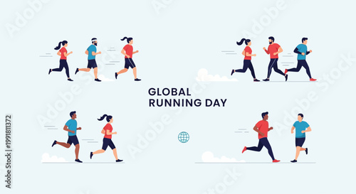 Global Running Day celebration with diverse people jogging and exercising outdoors.