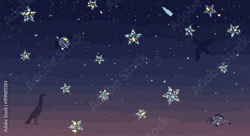 Artistic depiction of marine animals and stars composed of plastic waste in dark ocean.
