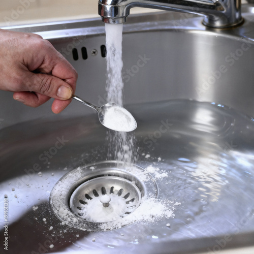 Person pouring powder drain unblocker into a kitchen sink to clear clogged pipes, domestic plumbing maintenance with chemical granules