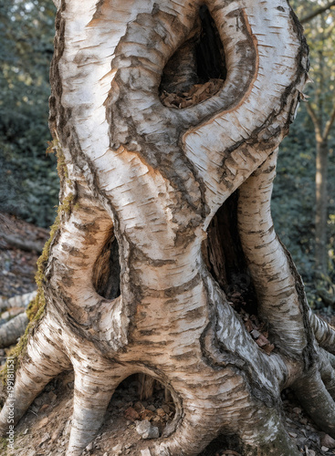 the trunk of an old aspen tree with hollows