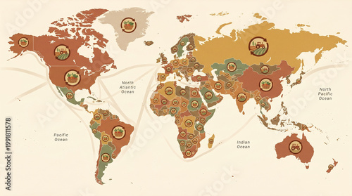 Illustrated World Map Infographic Showing Global Agricultural Food Supply Routes with Farming and Harvest Icons by Country
