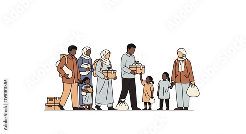 Diverse Families Receiving Humanitarian Aid and Community Support