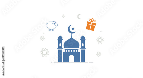 Minimalist Eid al-Adha illustration with mosque, sheep, and gift box icons