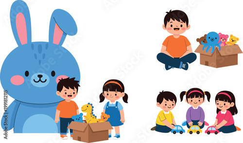 Children Playing with Toys and Stuffed Animals, Cute Cartoon Kids with Toy Box and Bunny Illustration