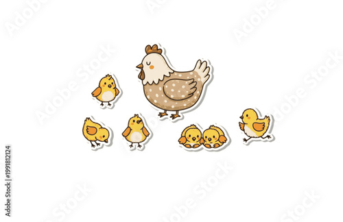 Cute Doodle Hen and Chickens Sticker Set. Children's Illustration of Farm Poultry for Education and Design.