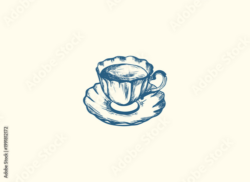 Vintage teacup with saucer engraving style illustration, pink retro porcelain cup line art vector. Illustration for invitations, stationery, or branding. Dinner icon for party invitations.