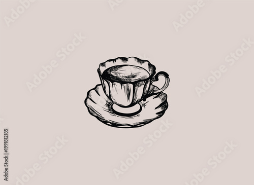 Vintage teacup with saucer engraving style. Illustration for invitations, stationery, or branding. Dinner icon for party invitations. Elegant whimsical artwork for tableware design, menus, branding