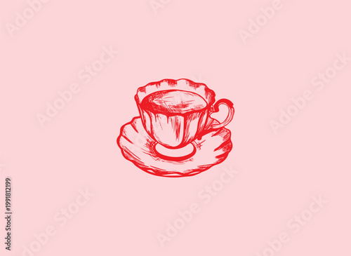 Vintage teacup with saucer engraving style. Illustration for invitations, stationery, or branding. Dinner icon for party invitations. Elegant whimsical artwork for tableware design, menus, branding