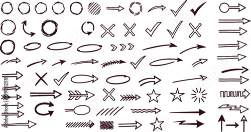 Diverse collection of hand-drawn symbols, arrows, and graphical elements with checkmarks and crosses Vector, illustration