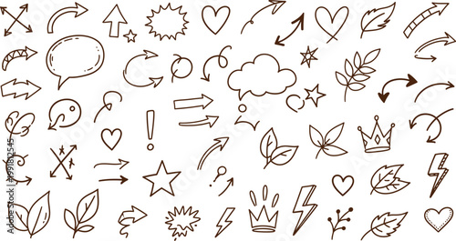 Assorted whimsical doodles featuring icons, symbols, and directional arrows Vector, illustration