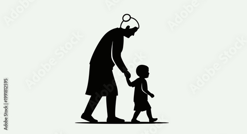 Silhouette of Grandmother Holding Childs Hand Walking Together.