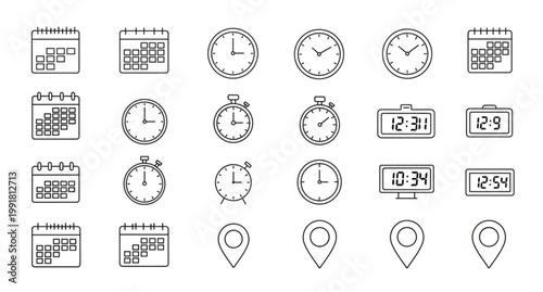 Rounded date time location icon set calendar clock stopwatch and map pin modern vector symbols