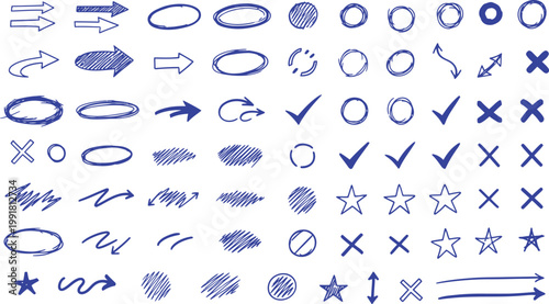 Collection of abstract symbols, arrows, and geometric shapes with check and cross marks Vector, illustration