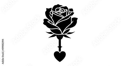 Black Rose with Heart Pendant Tattoo Design.