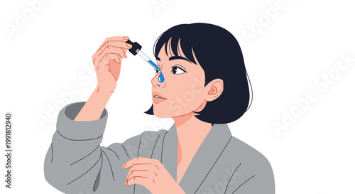 A woman with short dark hair and a grey robe carefully applies blue liquid drops into her eye using a glass dropper tool in a bright white environment.