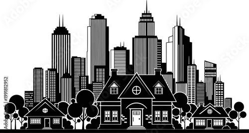Cityscape Vector Silhouette Illustration with Houses and Buildings black and white on white background