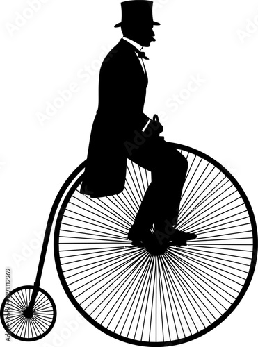 Victorian Gentleman on Penny Farthing Bike Silhouette Vector black and white on white background