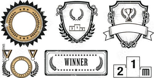Bild auf Leinwand Vintage Award Badge and Trophy Shield Collection with Winner Label Medals Laurel