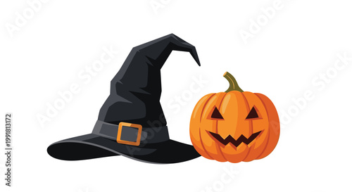 A tall pointed black witch hat featuring a golden buckle rests beside a bright orange carved jack-o-lantern pumpkin under bright even studio light.