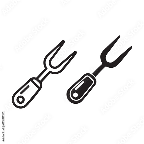 Carving fork icon set with outline and solid black silhouette styles for kitchen cooking barbecue meat serving and restaurant menu