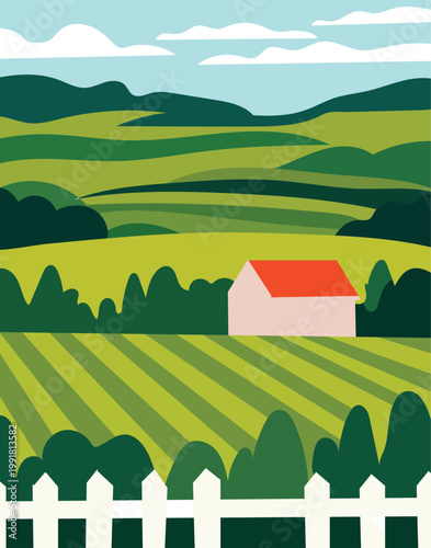 Minimalist flat illustration of a peaceful countryside farm scene with a small house, green rolling fields, and a white picket fence