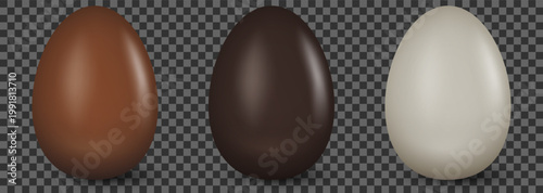 Tasty chocolate egg set mockup vector template Isolated on transparent background. Dark, milk and white whole Chocolate Egg Icon Set Closeup. Sweet dessert for Easter, packaging design, food themes