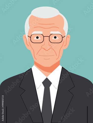 Portrait of an elderly man with glasses in a suit, flat vector illustration of a senior professional against a light green background