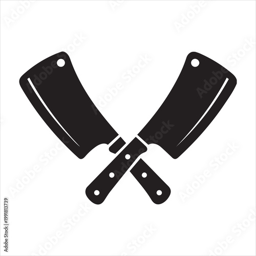 Crossed butcher cleavers silhouette icon for meat industry and culinary concepts isolated on white background