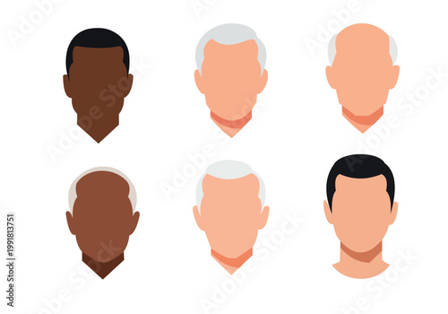 Set of six diverse male head avatars with different hairstyles and skin tones