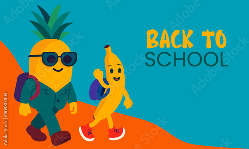 Back to school vector image. Back to school illustration with characters in the style of cartoon. Back to school poster illustration in cartoon style with banana and pineapple characters