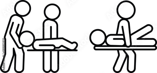 Illustrations of assisting an injured person using a stretcher or improvised carrying method