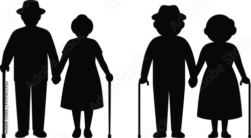Four elderly individuals holding hands and using canes in pairs