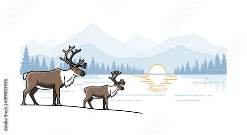 Reindeer standing on snowy landscape with mountains.