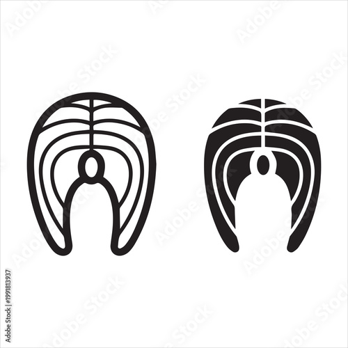 Salmon steak fish fillet icons set with outline and solid silhouette styles for seafood restaurant menu design and cooking apps