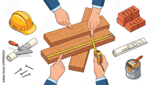 Multiple professional hands use a yellow measuring tape to assess wooden planks surrounded by a hard hat, bricks, and blueprints on a clean white surface.