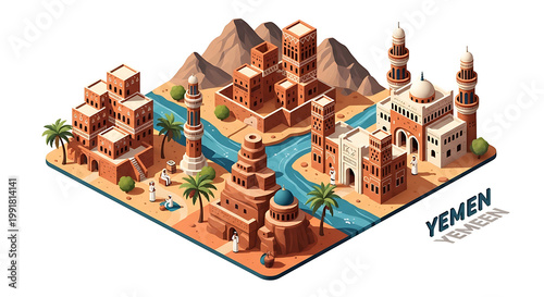Isometric pixel art depiction of a Yemeni cityscape with traditional mudbrick buildings, minarets, palm trees, and flowing river, set against desert mountains.